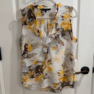 White House Black Market Cream, Yellow and Brown Floral Ruffle Blouse, Size M
